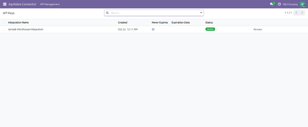 Écran API Management de Cool Agristock affichant une clé API en libre-service