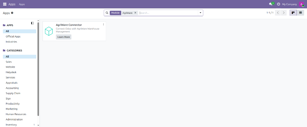Cool Agristock listé dans l'écran Apps d'Odoo